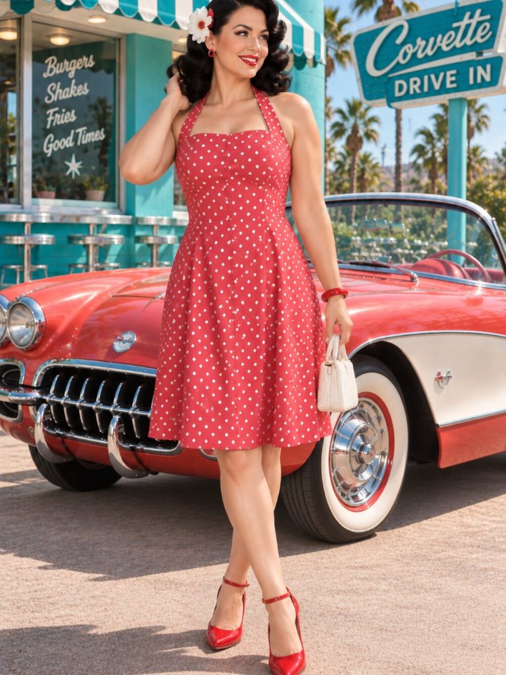 Positive Attitude Size 16 Coral Polka Dot Halter Fit & Flare Dress Rockabilly